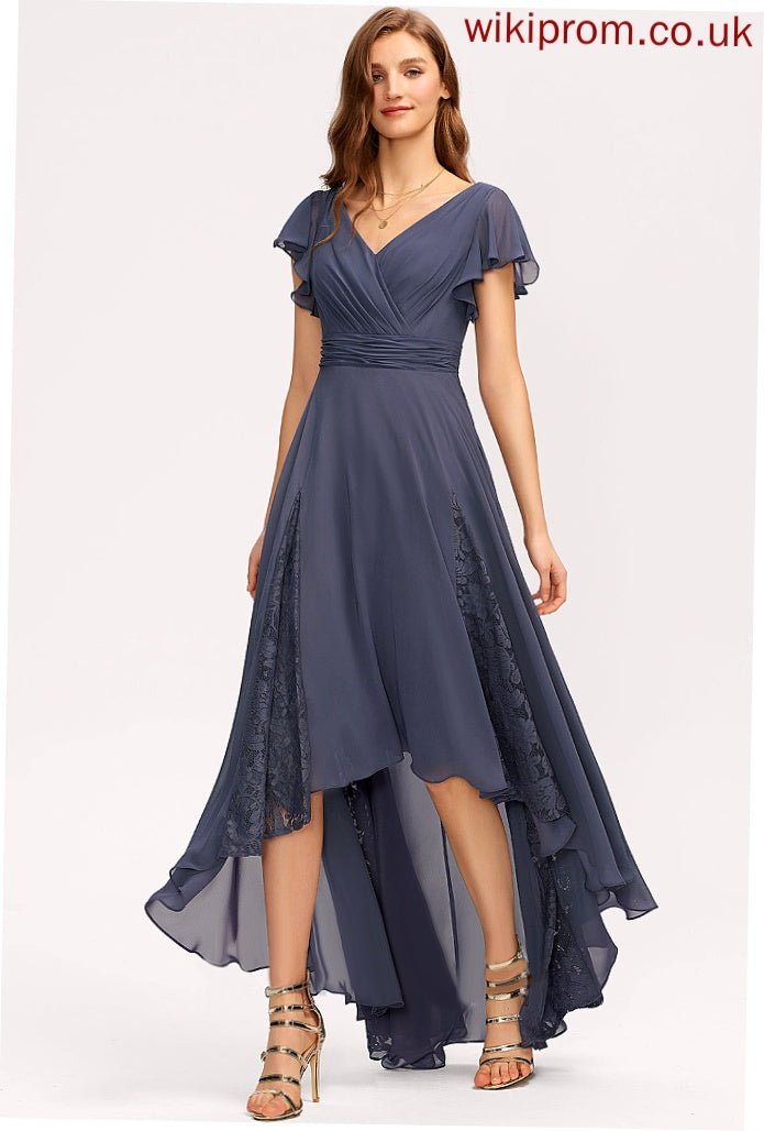 Chiffon Dress Asymmetrical Ruffle With A-Line Lace V-neck Cocktail Zoie Cocktail Dresses