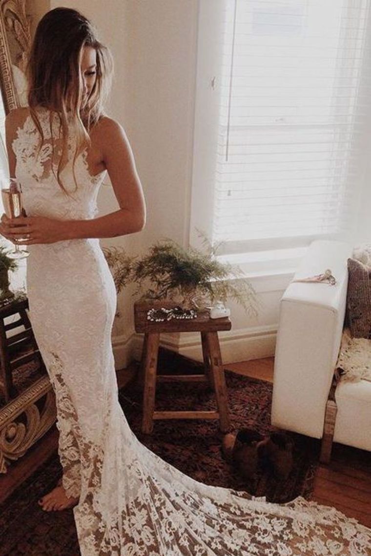 Sexy Open Back Wedding Dresses Mermaid High Neck Lace With Slit