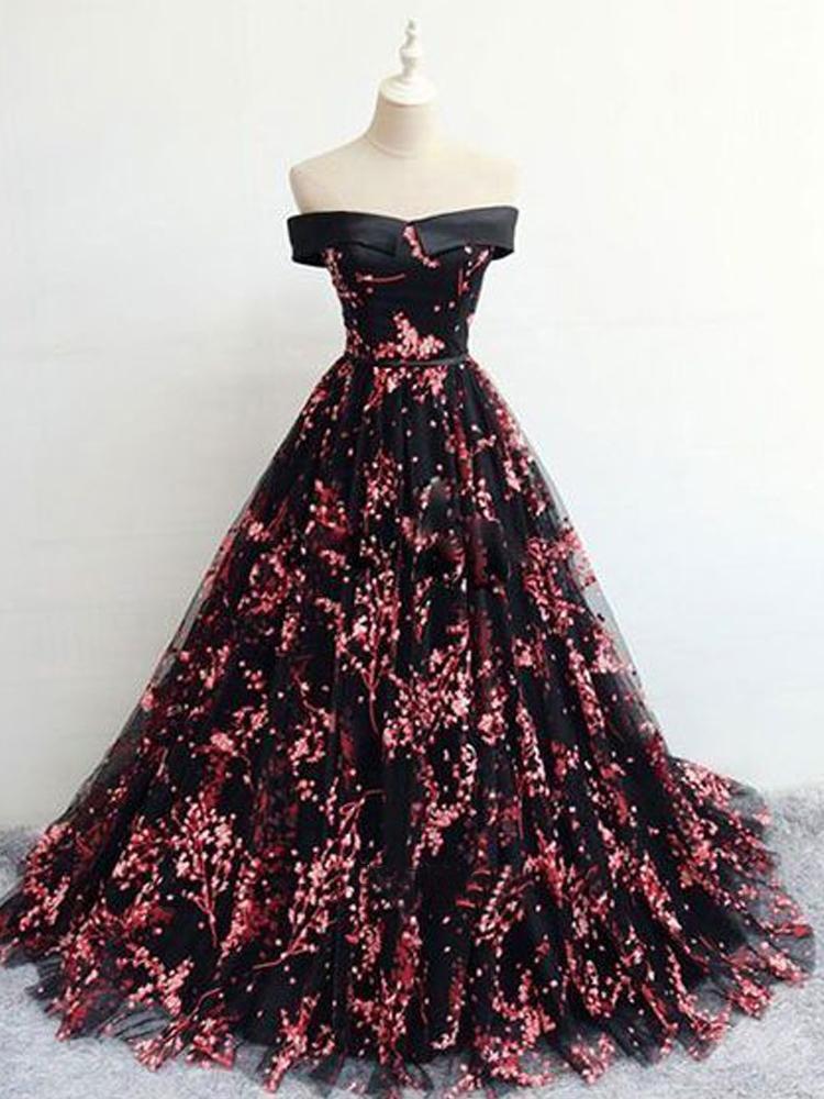 Floral Print Black Off the Shoulder Lace Appliques Prom Dresses with Lace SWK12255