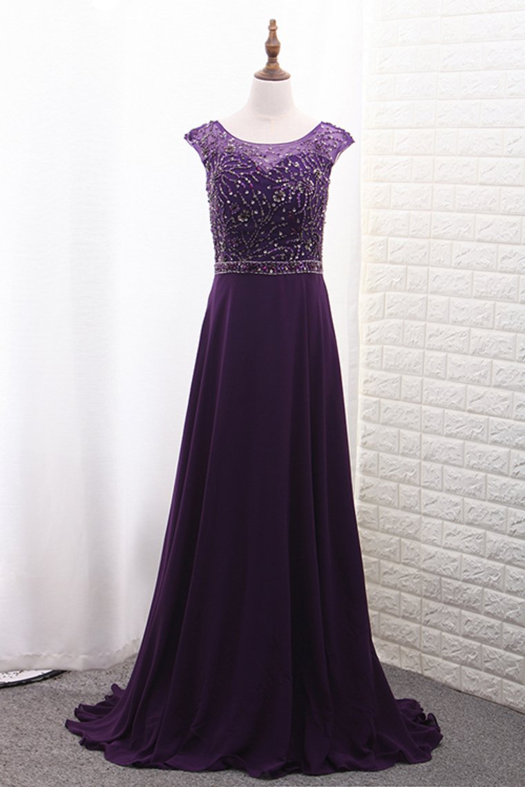 A Line Scoop Chiffon Mother Of The Bride Dresses With Beads Bodice Sweep Train