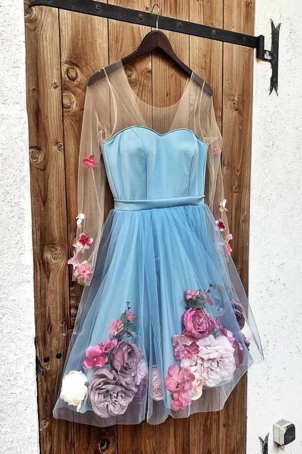 Unique Long Sleeve Blue Short Prom Dresses With 3D Appliques, Homecoming Dress SWK15604