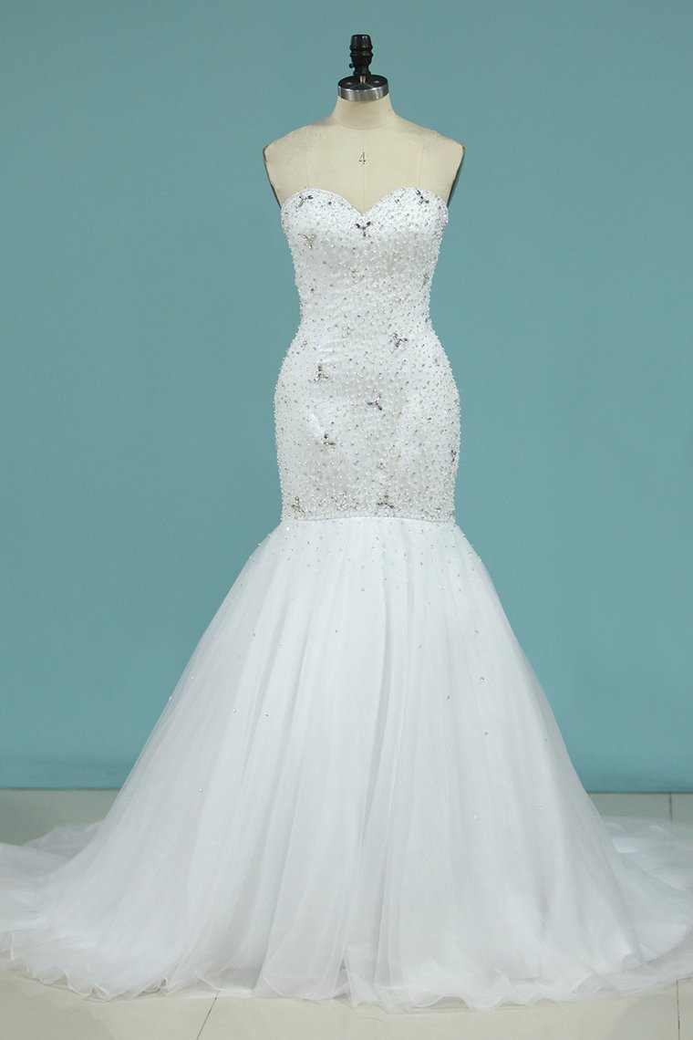 Full Beaded Bodice Wedding Dress Sweetheart With Tulle Skirt Lace Up