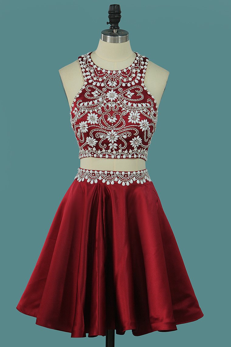 Two-Piece Scoop Beaded Bodice Homecoming Dresses Satin A Line