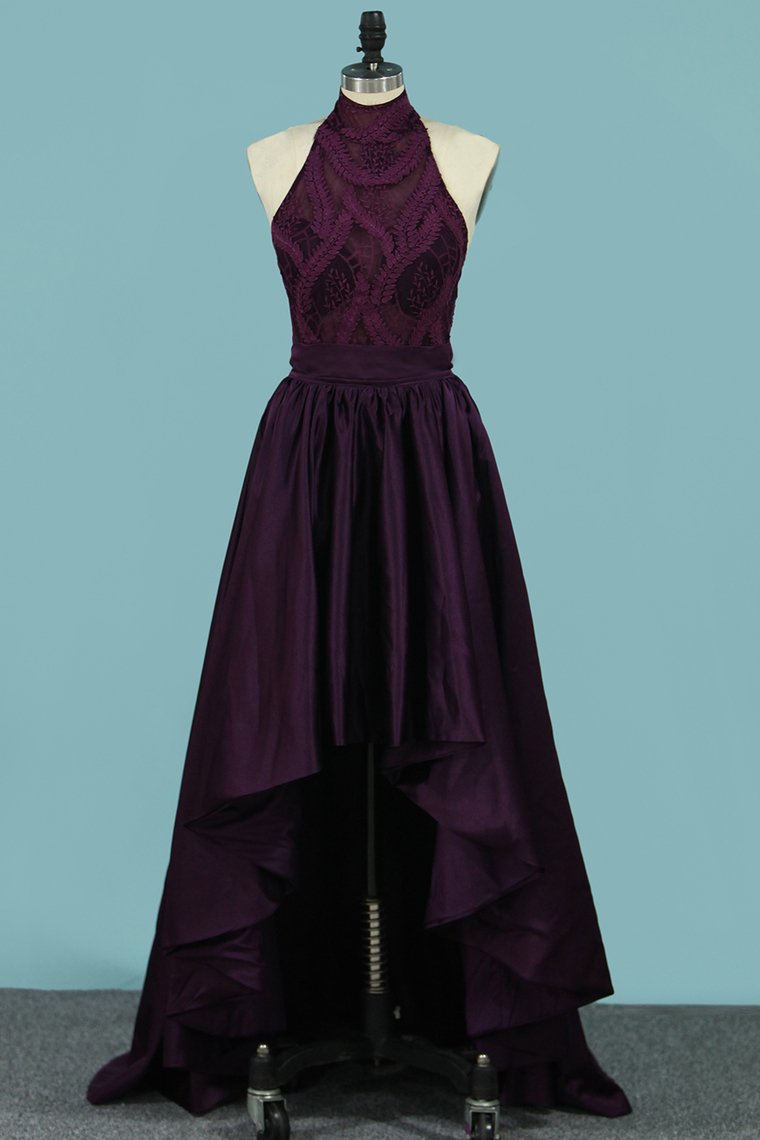 High-Neck Short/Mini Homecoming Dresses A Line Satin & Lace With Detachable Train