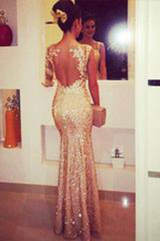 Mermaid Sweetheart Long Sleeves Gold Backless Evening Dresses with Appliques WK42