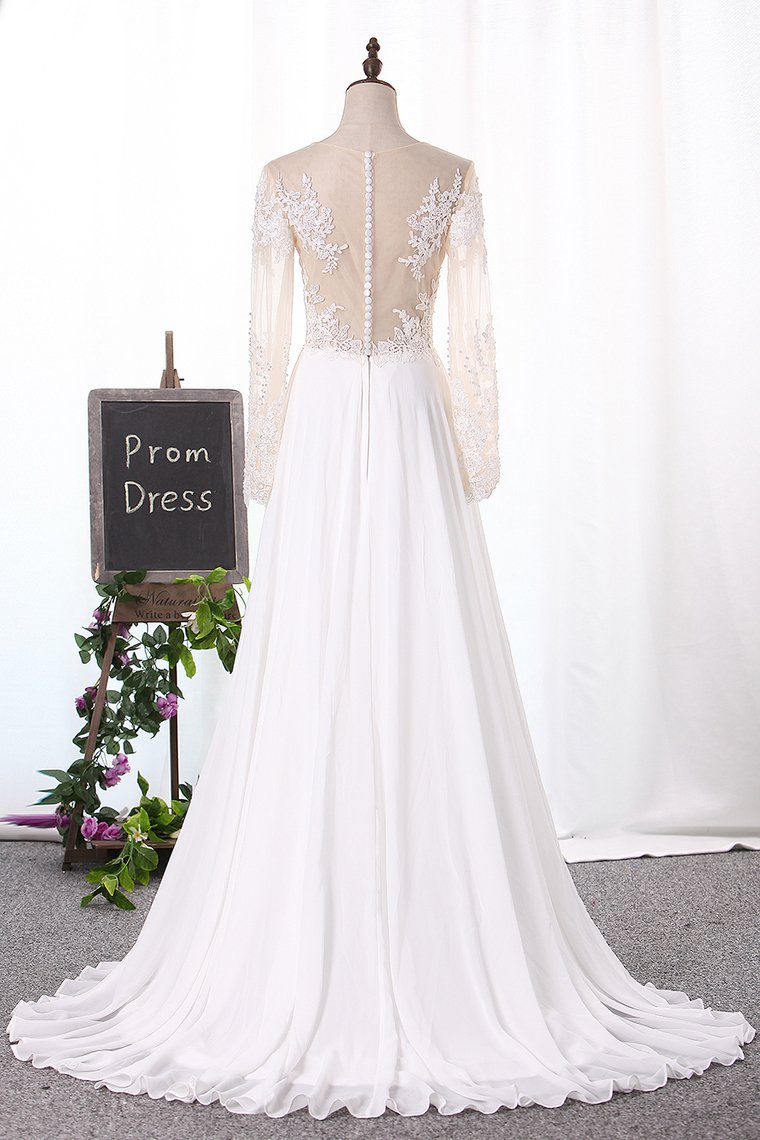 Bateau Wedding Dresses Long Sleeves A Line Chiffon With Applique And Slit