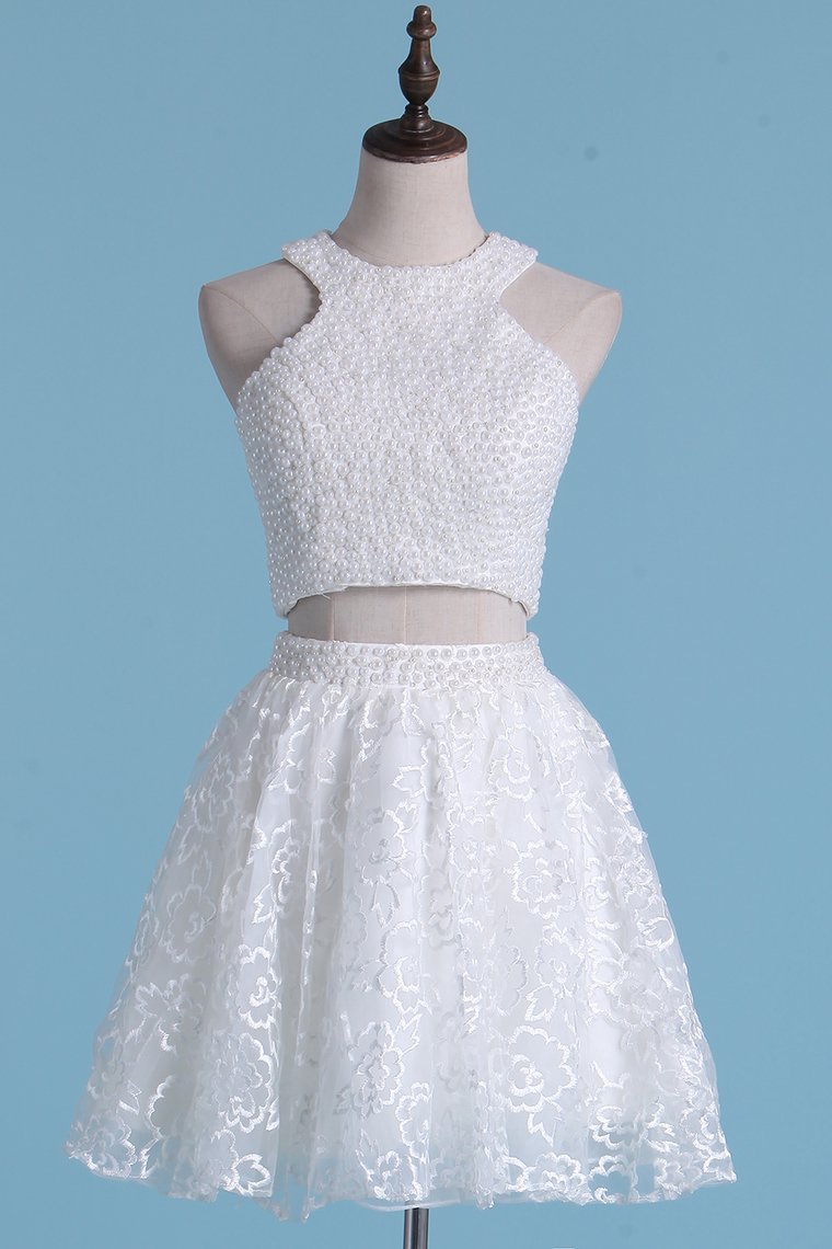 Scoop Open Back Beaded Bodice Two-Piece A Line Lace Homecoming Dresses