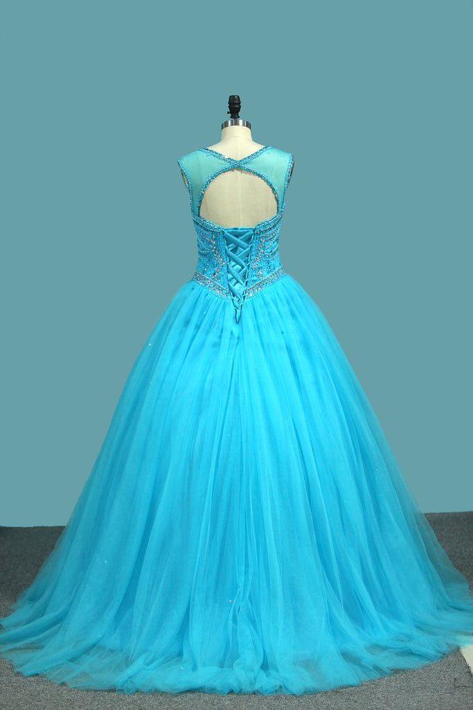 Ball Gown Tulle Scoop Quinceanera Dresses Beaded Bodice Court Train