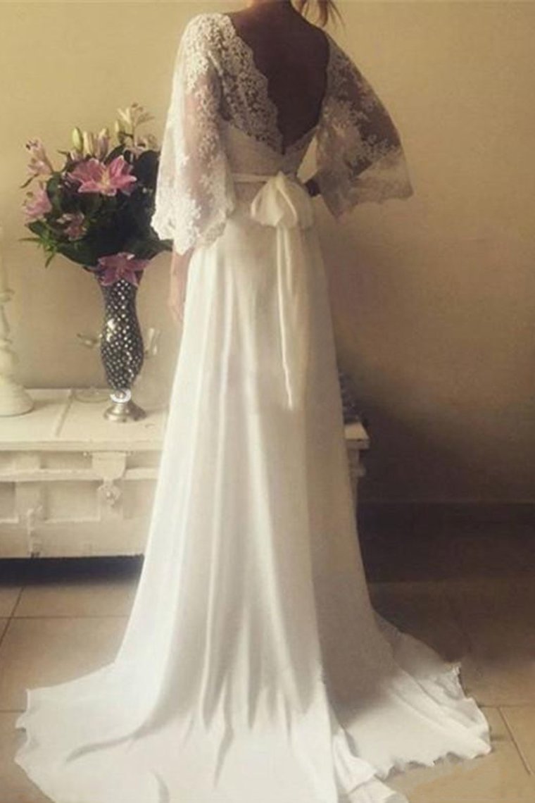 Chiffon 3/4 Length Sleeves Wedding Dresses V Neck Open Back With Applique