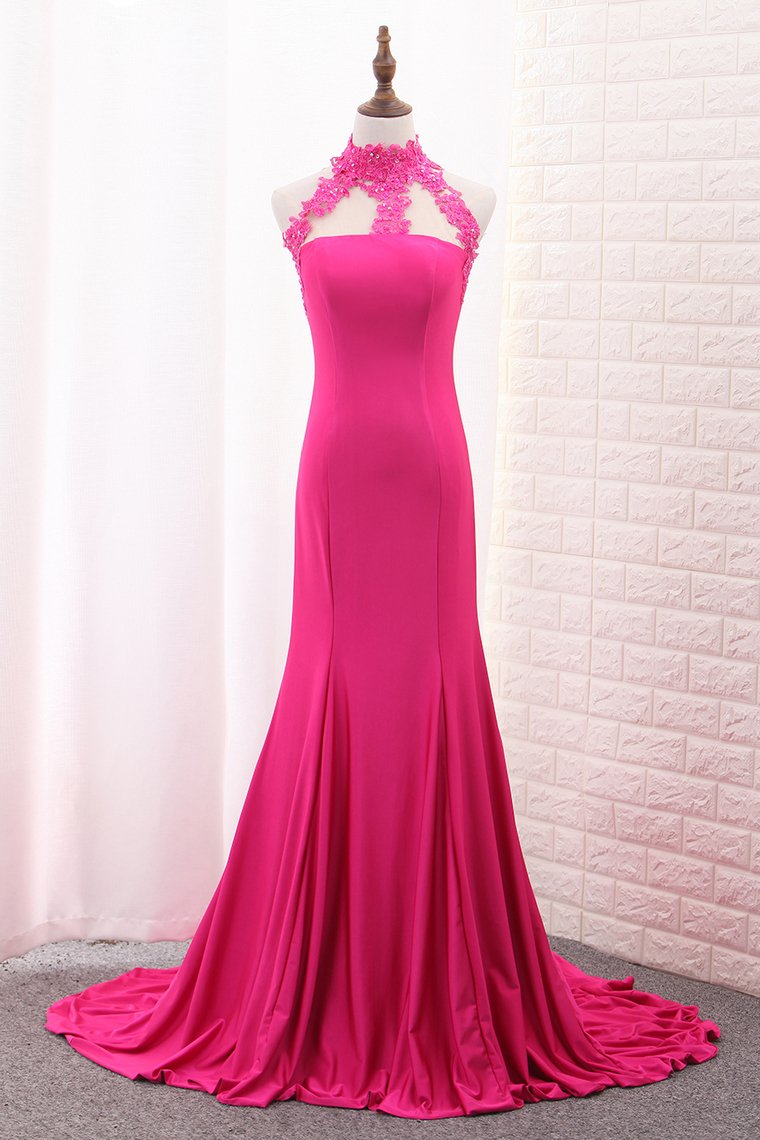 Satin Mermaid High Neck Prom Dresses With Applique Sweep Train