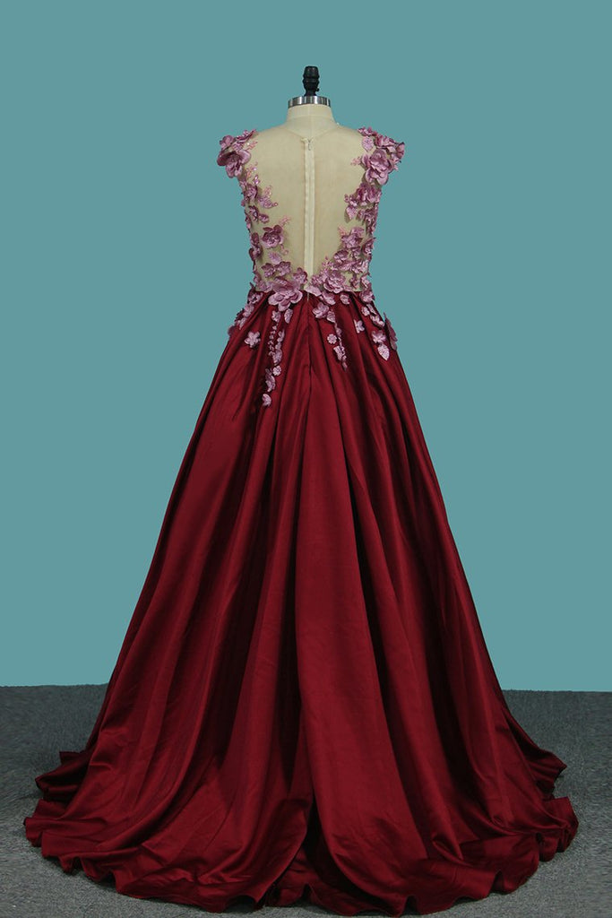 Satin Scoop A Line Prom Dresses With Applique And Handmade Flower Floor Length