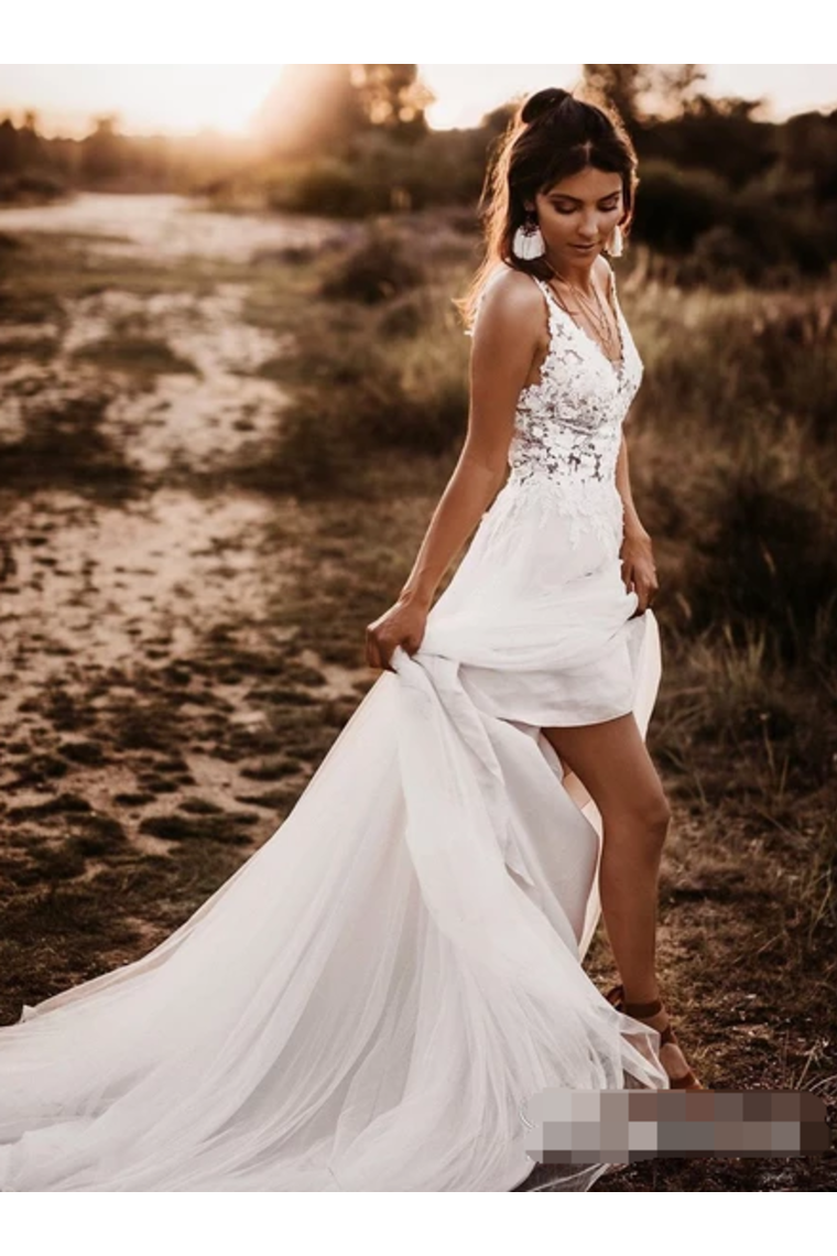 Gorgeous Unlined Lace Bodice V Neck Bridal Dresses White Backless A Line Wedding Dresses