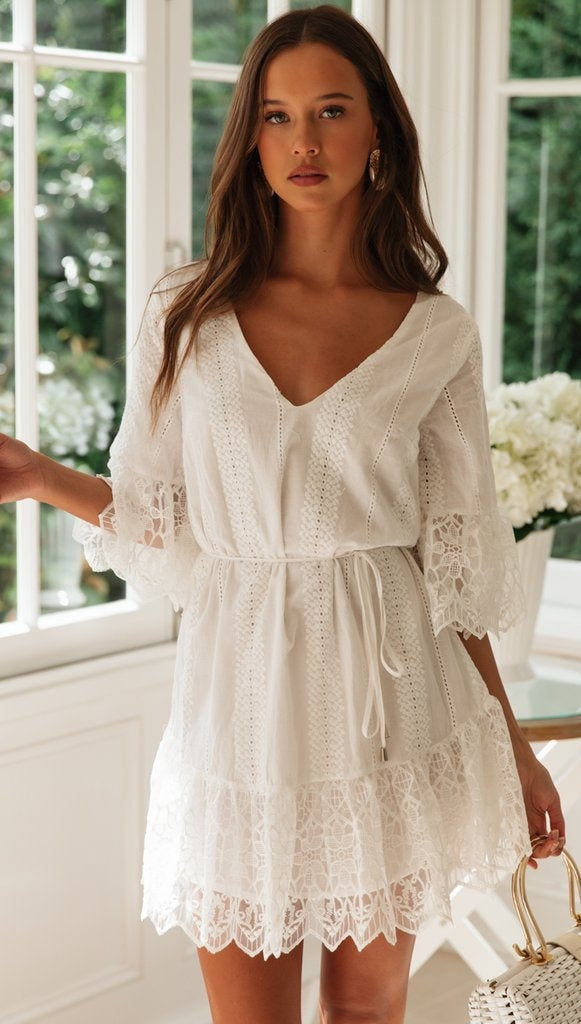 A Line Long Sleeve White Simple Lace Short Sexy Criss Cross Above Knee Homecoming Dress WK783