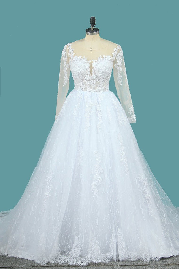 Lace Ball Gown Wedding Dresses Scoop Long Sleeves With Applique And Beads Chapel Train
