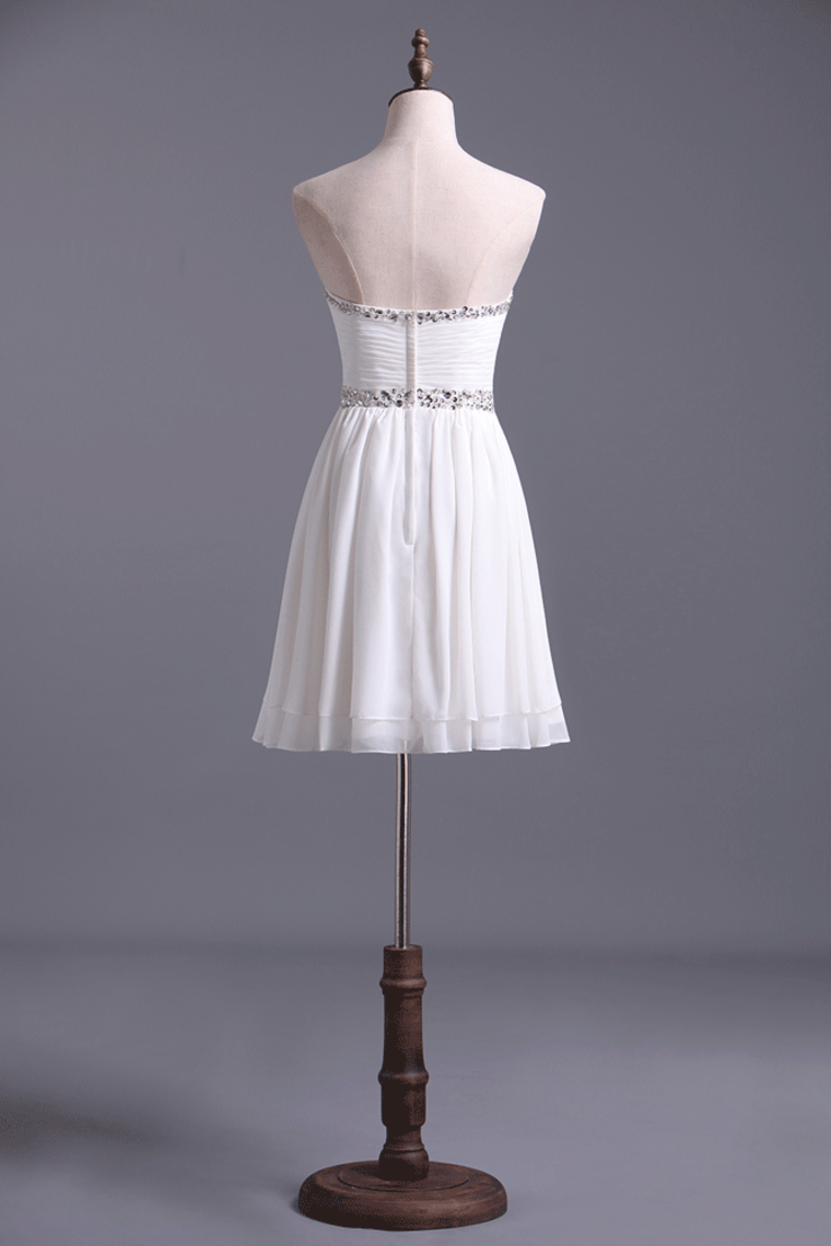 Graduation Dress Beaded Sweetheart Neckline And Waistline Pleated Bodice Chiffon White Short/Mini