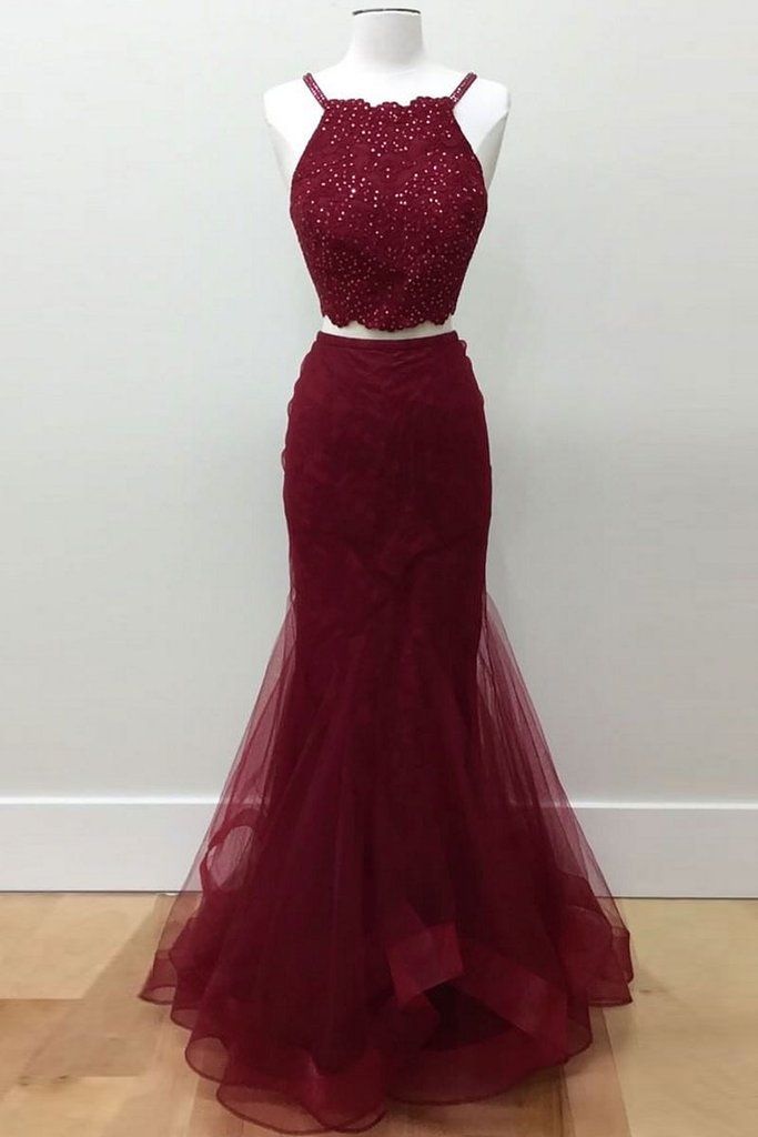 Hot-Selling Two-Piece Mermaid Halter Sleeveless Burgundy Long Prom Dress with Beading WK779