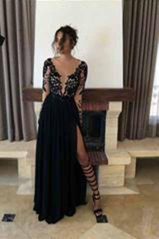 Sexy Black Long Sleeve Lace Slit V-Neck 2024 Prom Dress Evening Dresses PG341