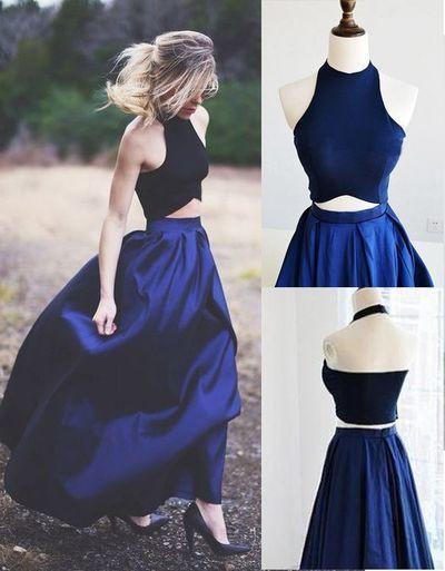 Newest Halter A-Line Two Piece Simple Navy Blue Satin Backless Sleeveless Evening Dresses WK56