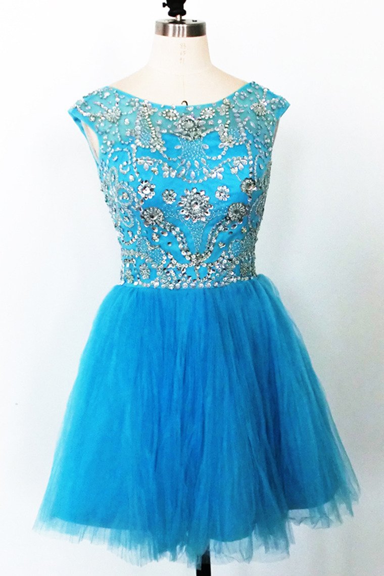 Homecoming Dresses Scoop Short/Mini Tulle Beaded Open Back