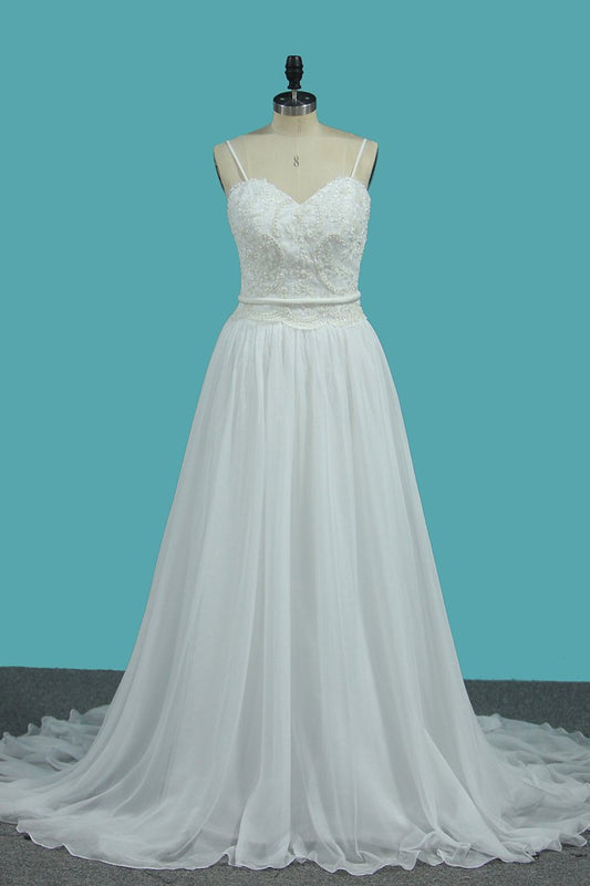 A Line Spaghetti Straps Chiffon Wedding Dresses With Applique