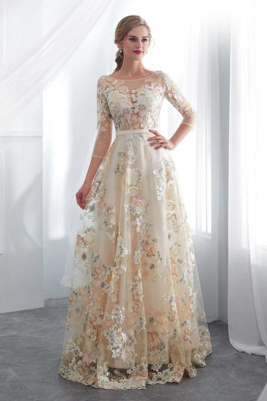 Charming A Line Floral Scoop Prom Dresses 3/4 Sleeves Empire Waist Long Evening Gowns SWK15088