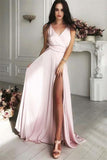 V-Neck Front Split Long Simple Cheap Elegant Pink Prom Dresses Party Dresses