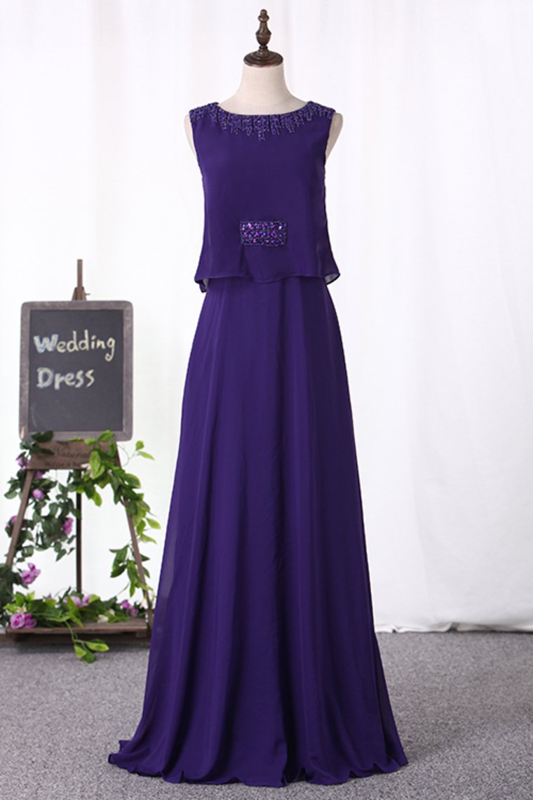 A Line Scoop Prom Dresses Chiffon With Beading Floor Length