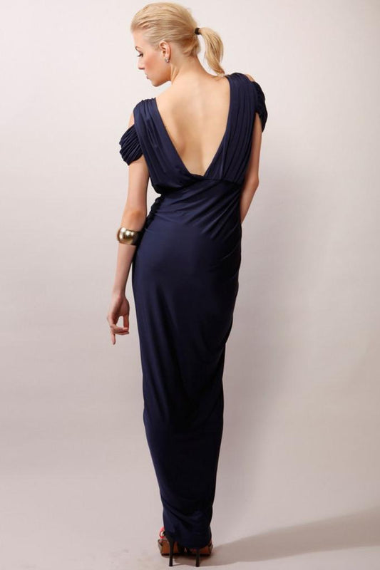 A-Line V-Neck Boho Navy Jersey Beach Cheap Popular Open Back Chiffon Bridesmaid Dresses WK516