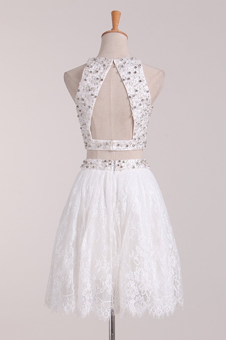 White Homecoming Dresses Scoop Lace Two Pieces