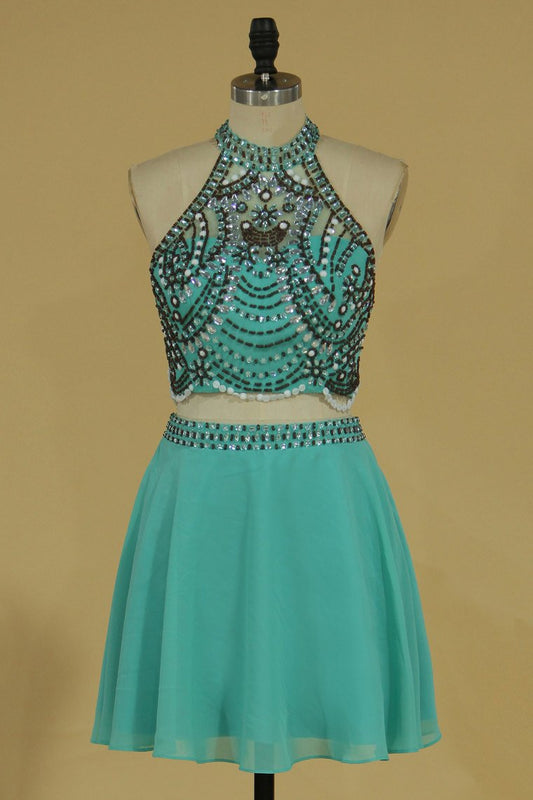 Two-Piece Halter Beaded Bodice Homecoming Dresses A Line Chiffon