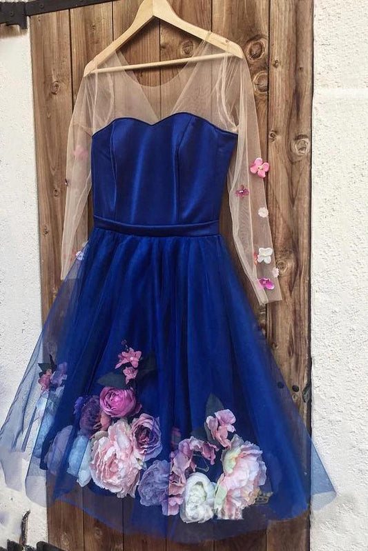 Unique Long Sleeve Blue Short Prom Dresses With 3D Appliques, Homecoming Dress SWK15604