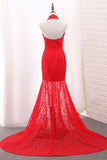 Mermaid High Neck Prom Dresses Lace With Slit Sweep Train