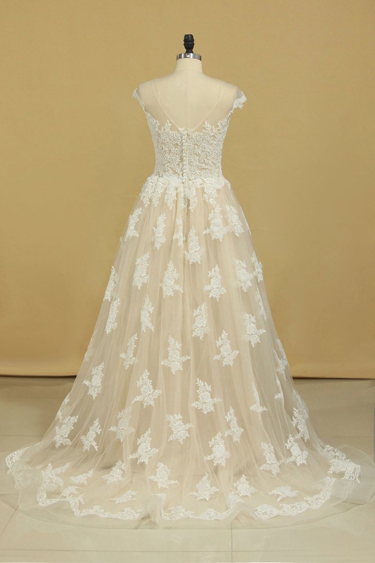 Court Train Scoop A Line Wedding Dresses Tulle With Applique