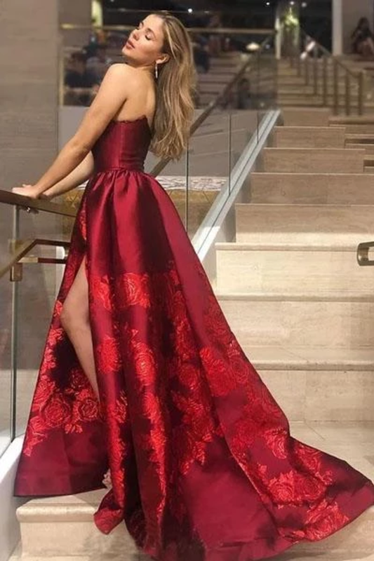 Unique A Line Strapless Burgundy Satin Prom Dresses With Appliques Formal SWKPYZN65CB
