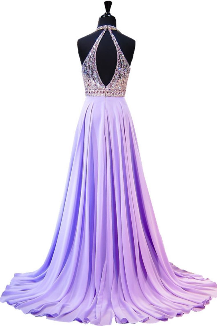 Sexy Open Back Halter Prom Dresses With Beading Chiffon Sweep Train