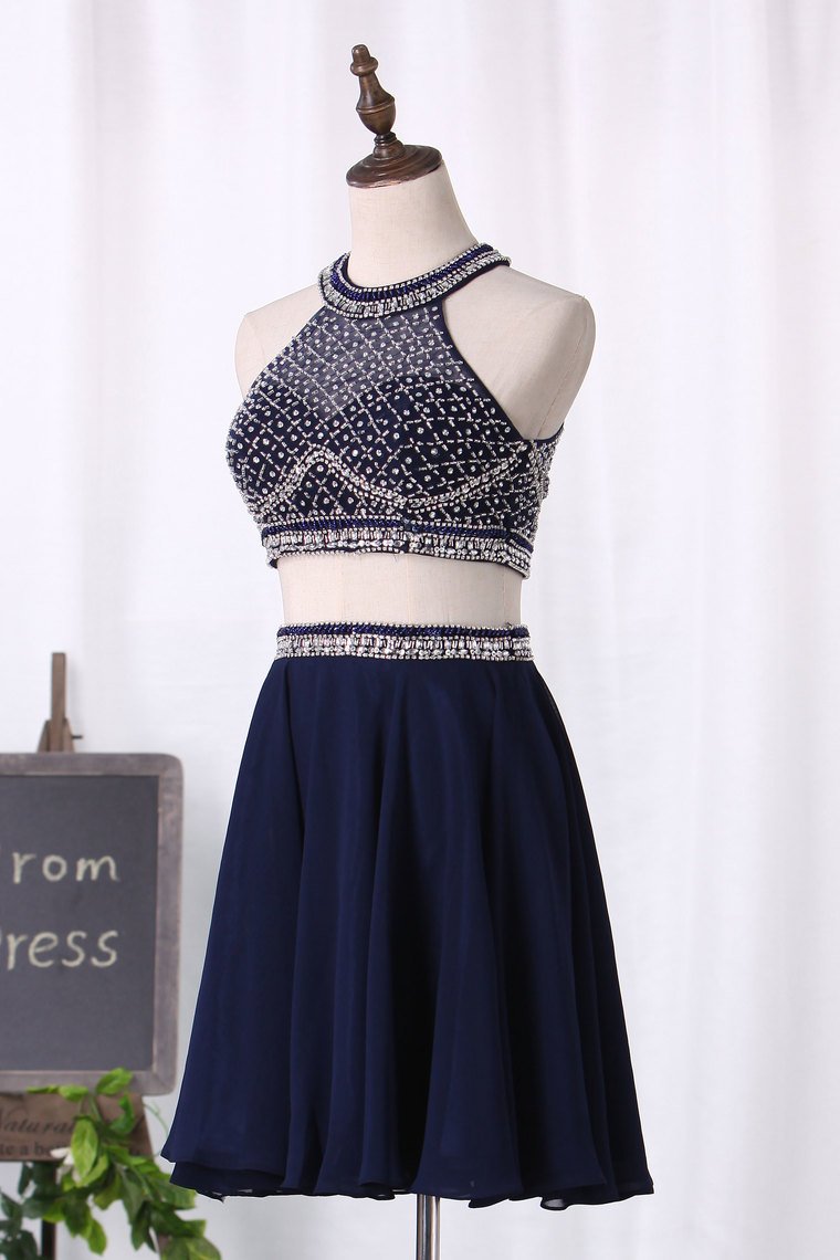 Two-Piece Halter Beaded Bodice Homecoming Dresses A Line Open Back Chiffon