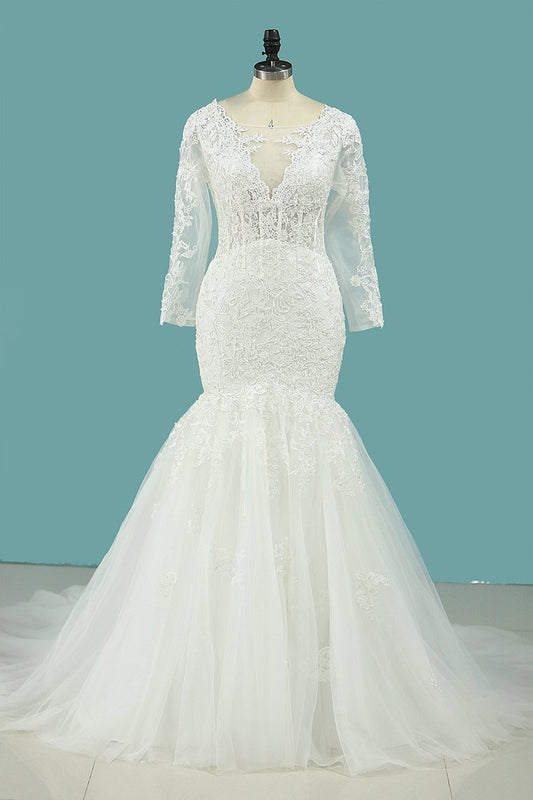 Elegant Mermaid Wedding Dresses Scoop Tulle With Appliques Long Sleeves Zipper Up