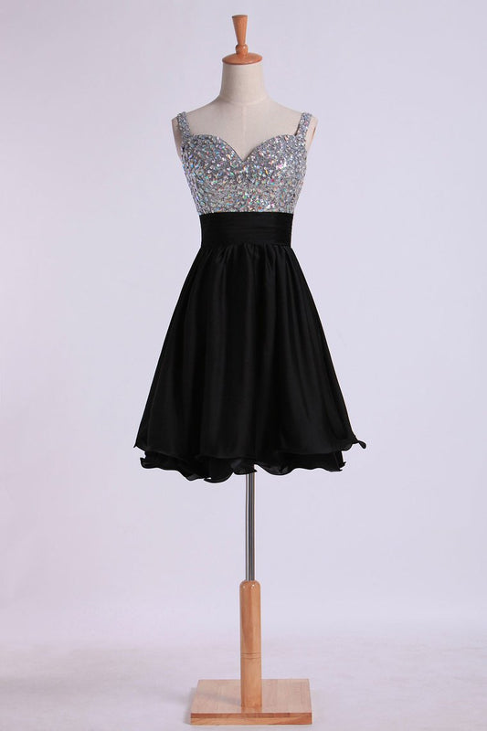 Prom Dresses Straps A Line Short/Mini Beaded Bodice With Pleated Waistband Chiffon