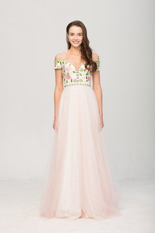 Floral Spaghetti Straps Prom Dresses A Line Tulle Floor Length