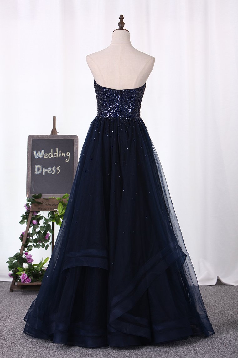 A Line Sweetheart Beaded Bodice Tulle Floor Length Prom Dresses