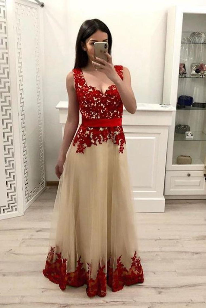 Tulle A-Line Straps  Prom Dresses WIth Appliques Floor Length