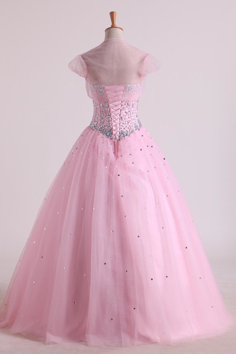 Sweetheart Beaded Bodice Quinceanera Dresse Tulle Floor Length