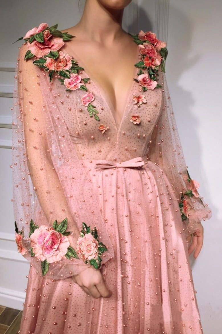 3D Floral Long Sleeve Pink Prom Dresses Pearl Beaded V Neck Formal Dresses WK377
