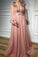 3D Floral Long Sleeve Pink Prom Dresses Pearl Beaded V Neck Formal Dresses WK377