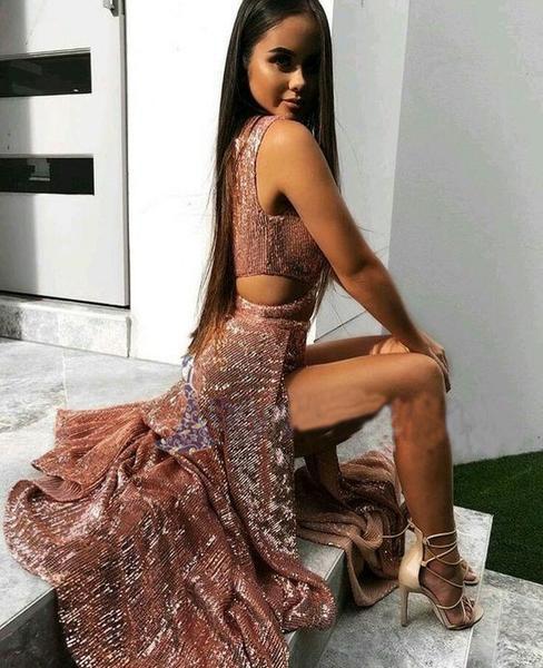 2024 Charming Sexy Sequin Sparkly Simple Rose Gold and Black Split Fashion Prom Dresses WK452