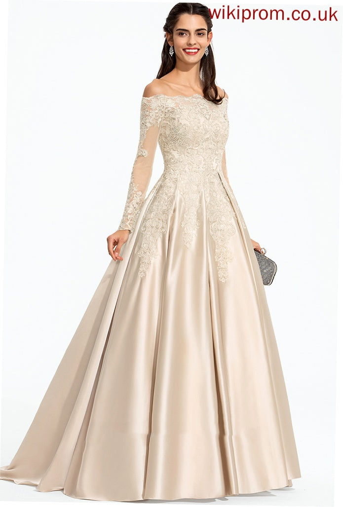 Prom Dresses With Ball-Gown/Princess Sequins Marissa Satin Lace Off-the-Shoulder Train Sweep