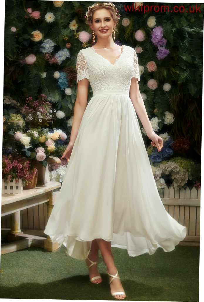 Chiffon Dress Asymmetrical V-neck Wedding Dresses A-Line Wedding Lace Kenley