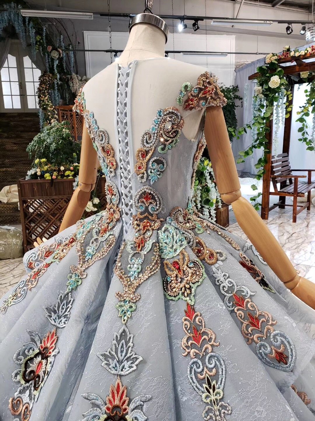 Ball Gown Blue Cap Sleeve Long Prom Dresses Lace up Beads Quinceanera Dresses P1088