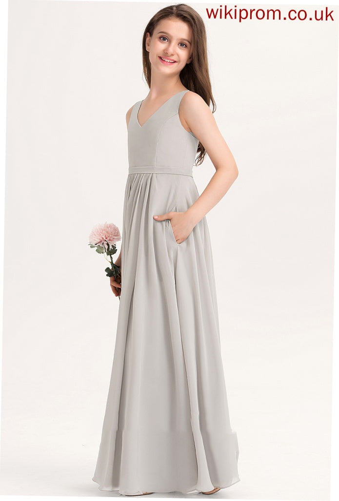 Chiffon A-Line With Pockets Malia Floor-Length V-neck Junior Bridesmaid Dresses