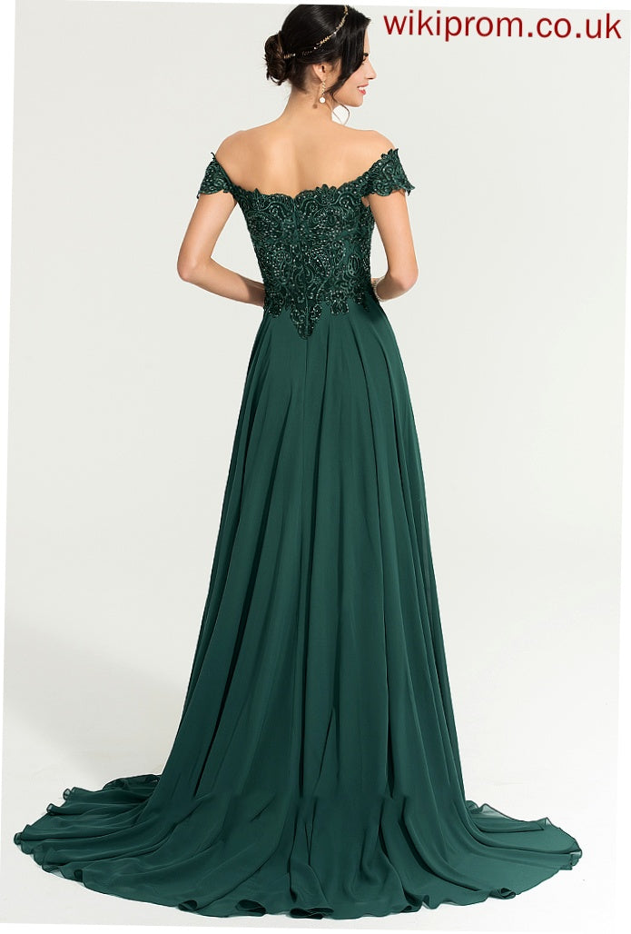 Chiffon A-Line Front With Sweep Train Sequins Belen Split Prom Dresses Off-the-Shoulder